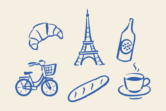 French doodle icons  croissant coffee vector illustration