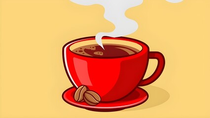 Obraz premium Vibrant red cup of steaming hot coffee with fresh roasted beans, perfect for a cozy morning or an invigorating break, presented on a warm background