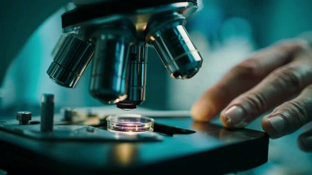 Scientist examining sample under microscope in laboratory setting