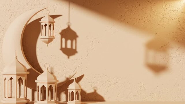 Islamic Paper Cut Art Lanterns Hanging from Crescent Moon in Serene Environment