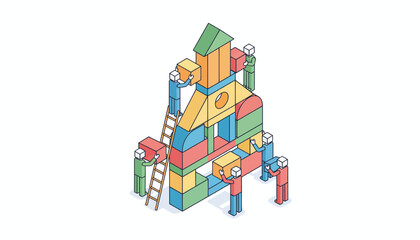 Naklejka premium Teamwork and Collaboration Isometric Flat Vector Illustration on White Background. Clean isometric flat vector illustration of a business team working together, representing teamwork and collaboration