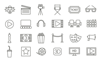 Fototapeta premium Cinema line icons set, vector illustration. Movie linear design elements