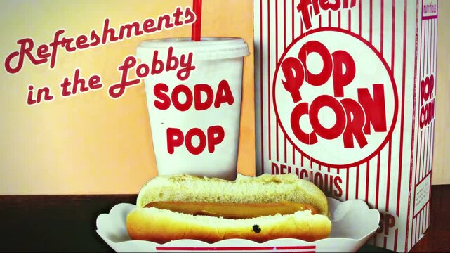 Retro recreation of a vintage cinema advertisement, refreshments in the lobby. Popcorn, soda pop and a hot dog. With classic film damage effects.