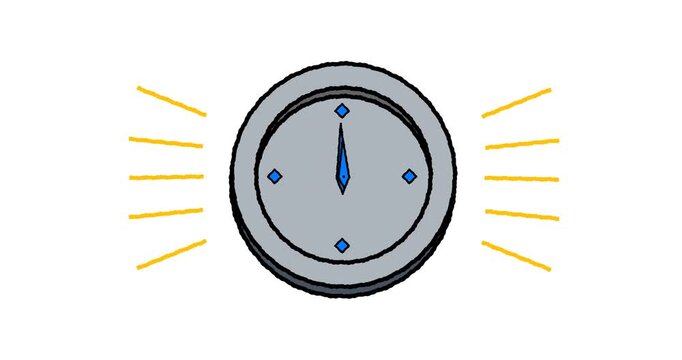 Hand drawn animated clock with blue hands and yellow rays. Time management, deadline, productivity and office schedule doodle sketch. 4K loop, white background.