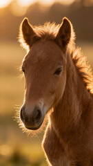 Fototapeta premium Portrait of foal in golden sunset light against softly blurred natural summer field background. 