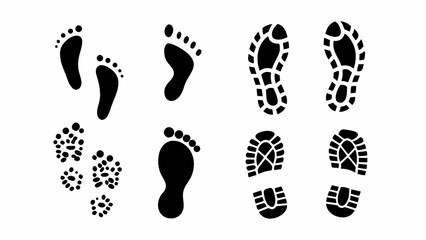 Collection of various black footprints and shoe sole impressions on white