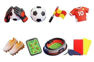 Set of colorful 3D soccer icons isolated on white, including ball, goalkeeper gloves, corner flag, jersey number 10, cleats, tactics board, stadium, whistle and referee cards. © Umm Hamzah