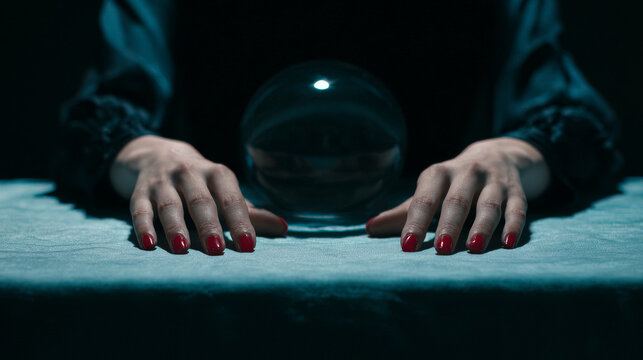 Woman with red nails and dark clothing resting hands beside crystal ball in dark moody setting
