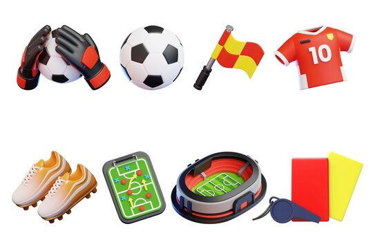 Set of colorful 3D soccer icons isolated on white, including ball, goalkeeper gloves, corner flag, jersey number 10, cleats, tactics board, stadium, whistle and referee cards.