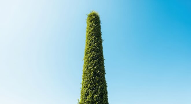 A striking example of a pillar tree, featuring extremely vertical foliage and a narrow, cylindrical canopy, reaching high into the bright, clear sky, grove, isolated, daytime