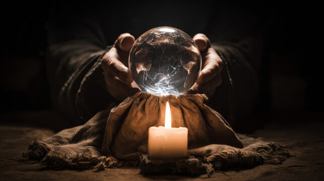 Hands holding glowing crystal ball with lightning energy above lit candle on dark mystical background