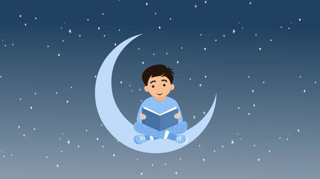 Cute little boy reads bed time story 