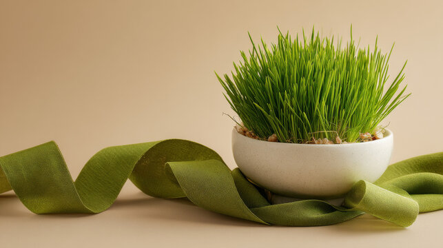 Fresh wheatgrass in white ceramic bowl with green satin ribbon on beige background for Nowruz decoration