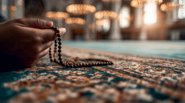 Muslim man hands holding prayer beads on ornate carpet in mosque with golden bokeh light