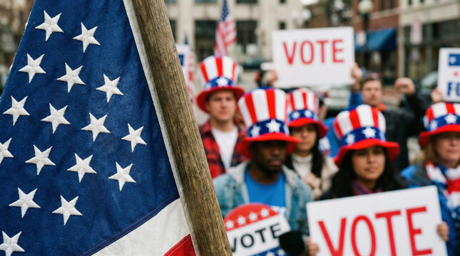 Crowd of patriotic supporters wearing Uncle Sam hats and holding Vote signs at a political rally