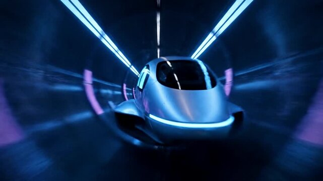 High speed magnetic levitation pod traveling through futuristic vacuum tube tunnel.
