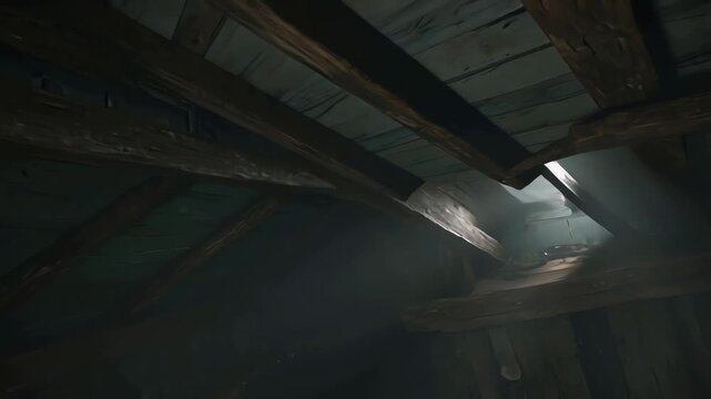 A dimly lit attic in an old house evokes a sense of horror as wooden beams loom large in the darkness