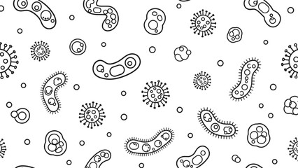 Seamless pattern featuring various microscopic bacteria, viruses and germs in black and white line art style for medical or educational use.
