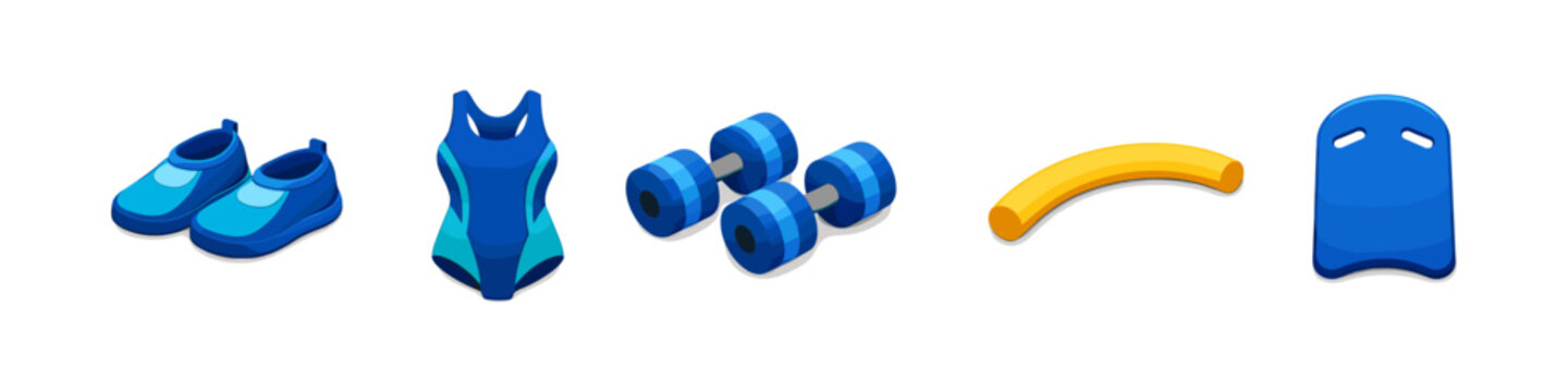 Collection of swimming and water aerobics equipment for fitness and training