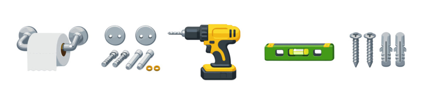 Home repair concept with toilet paper holder, mounting hardware, cordless drill and level