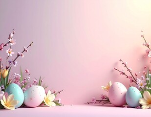 Minimalist Easter pastel background with decorative eggs and spring flowers, soft gradient copy space