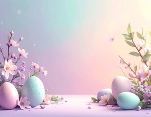 Elegant pastel Easter scene with decorative eggs and blooming flowers, minimal layout