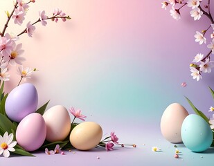 Spring Easter composition with pastel eggs and blossom branches on soft gradient background