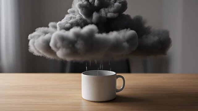 Stormy Cloud Raining into Coffee Cup, Creative Concept for Mood, Stress, or Refreshment