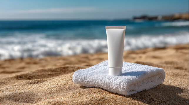 砂浜と海を背景に白タオルの上に置いた白い無地チューブ化粧品モックアップ 日焼け止め UVケア スキンケア 夏のビーチ広告素材 / Blank white cosmetic tube mockup on white towel at sandy beach with ocean background sunscreen UV protection skincare summer advertisin
