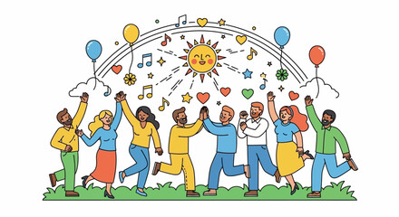Fototapeta premium A happy family with children and a baby celebrates a birthday party together, as the group of kids enjoys childhood joy and friendship with a colorful balloon in this festive vector illustration