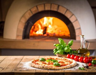 Fresh baked pizza with basil and tomatoes in front of authentic wood fired oven