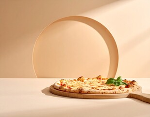 Minimal warm restaurant interior with pizza on wooden board and soft ambient lighting
