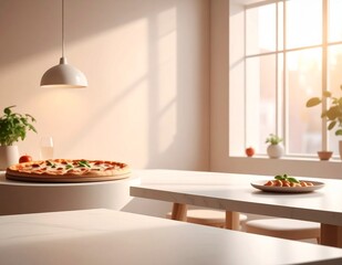 Warm modern pizzeria interior with natural light and pizza on marble table