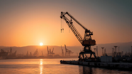 Obraz premium Harbor Crane Silhouette at Sunrise