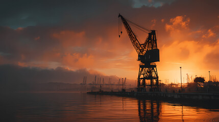 Obraz premium Harbor Crane Silhouette at Sunrise