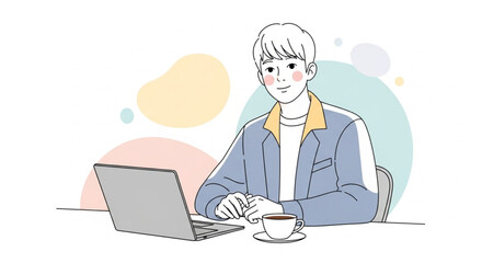 Young Professional Man Working on Laptop at Desk Home Office Remote Work Illustration