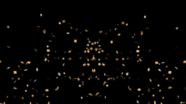 Golden confetti slow motion video on transparent black screen background with alpha channel, sparkling luxury celebration overlay, shimmering paper flakes animation for premium event intro projects