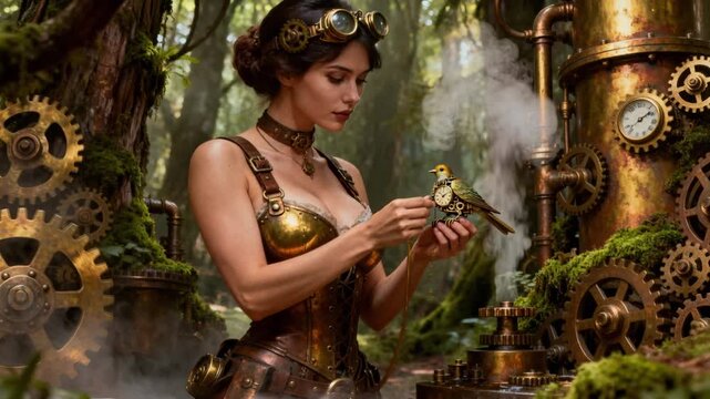 Adult woman mechanic in a forest of brass gear‑trees, oiling a small clockwork bird; warm patina metals with living moss, soft steam haze at her feet, tactile metal and skin detail.