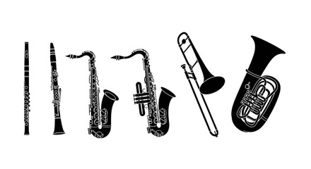 Obraz premium Collection of Brass and Woodwind Musical Instruments Silhouette