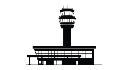 A stark black air traffic control tower stands prominently against a white background depicted as a silhouette high quality professional detailed © GDOthoi02