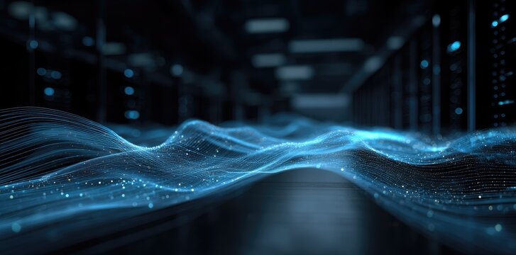 Abstract blue digital data flow wave in IT data center corridor, idea for cloud computing infrastructure, AI processing, big data analytics, and futuristic technology background
