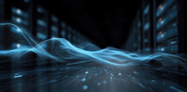Abstract blue digital data flow wave in IT server corridor, idea for cloud computing infrastructure, AI processing, big data analytics, and futuristic technology background