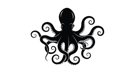 A striking black octopus illustration with swirling tentacles and a detailed head design presented as a silhouette high quality professional modern © GDOthoi02