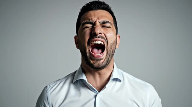 Angry man screaming with wide open mouth against grey background
