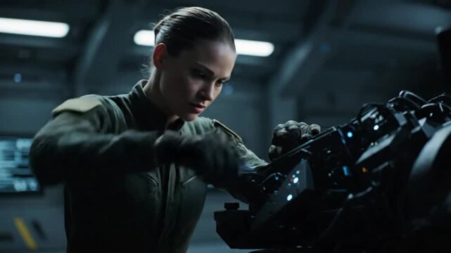Female pilot inspecting aircraft engine in hangar.