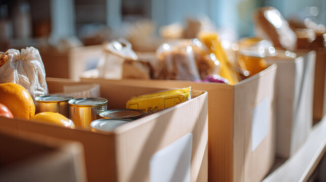 Rows of cardboard boxes filled with food and groceries in a donation center