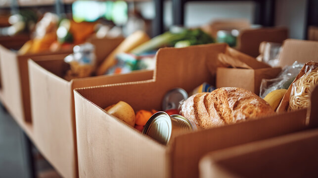 Several cardboard boxes filled with groceries and food items on a table