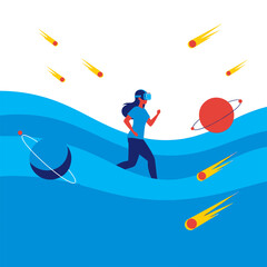 Woman Wearing Vr Headset Running Through an Abstract Digital Space with Planets and Falling Meteorites © Dwi