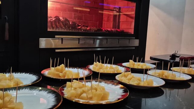 Traditional Paraguayan cassava served on plates in restaurant, typical South American food 4K