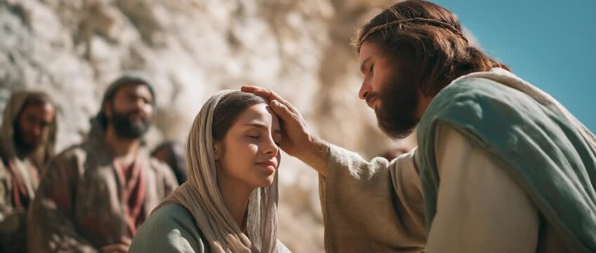 Jesus gently touching a women forehead in an act of healing and compassion.